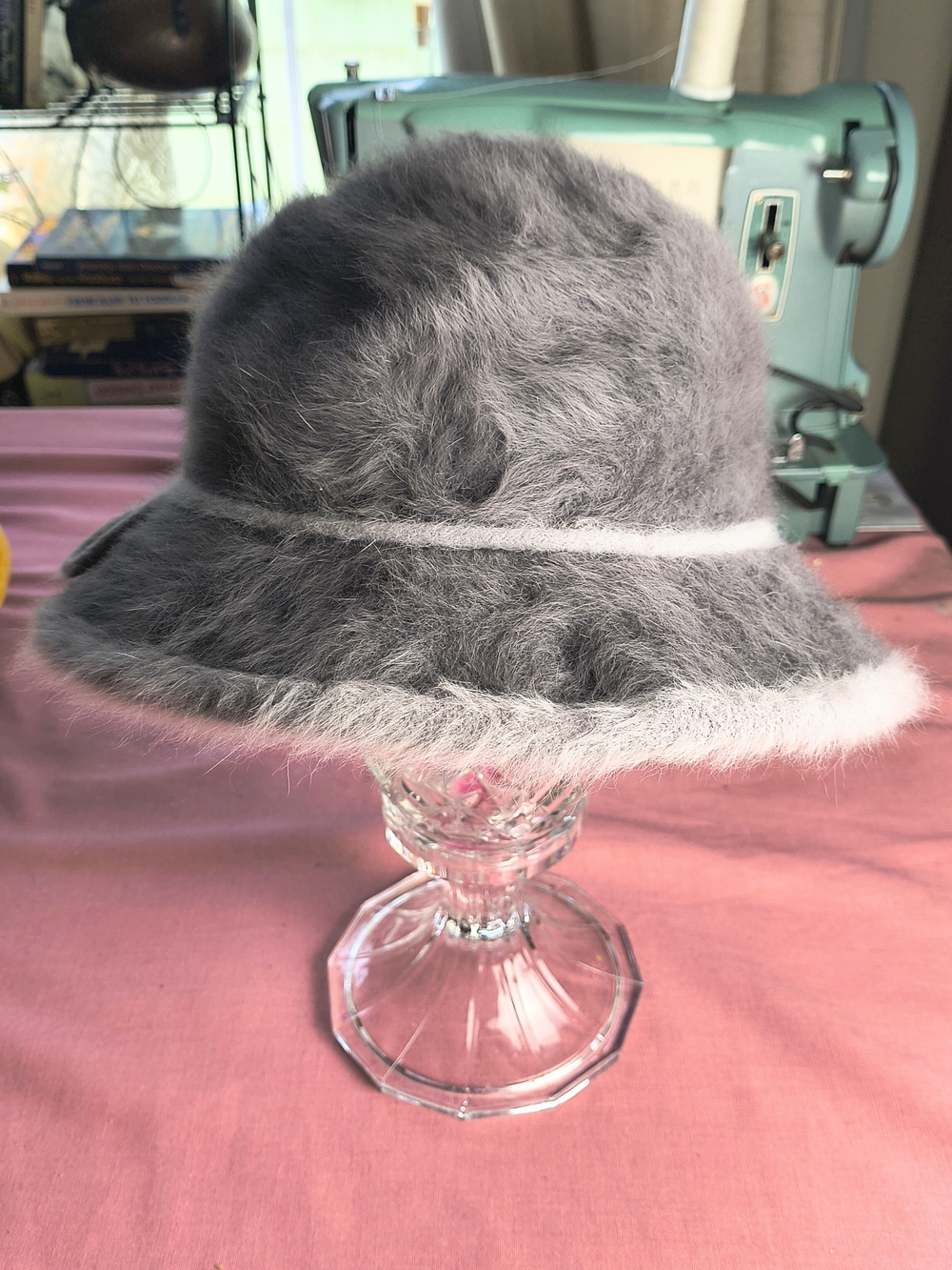 Kangol Gray Fuzzy Cloche Bucket Hat with Brim Trim